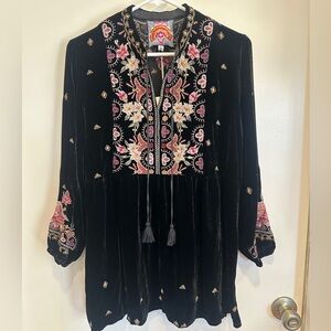 Johnny Was Black Velvet Tunic with Pink Floral Embroidery (NWT)